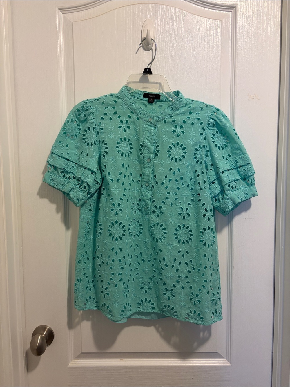 J. Crew Mint Eyelet Short Puff Sleeve Blouse